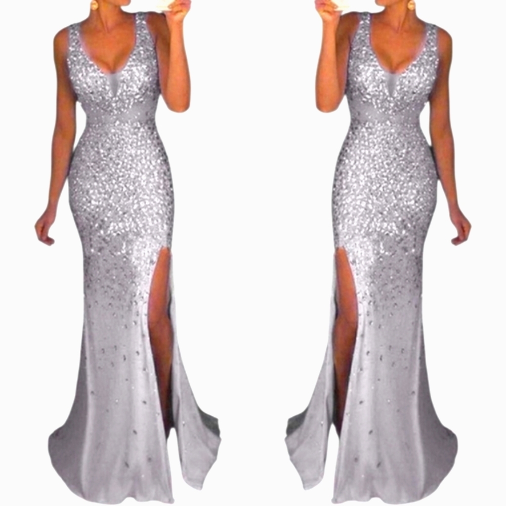 Nwt TS Couture Silver Rhinestoned Mesh VNeck Front Slit Gown w Train
